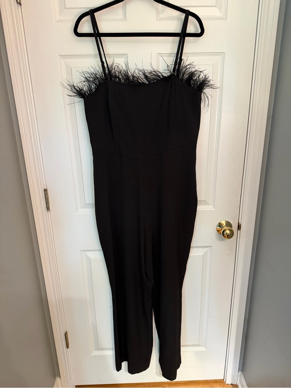Nicole Miller Black Feather-Trim Spaghetti Strap Jumpsuit